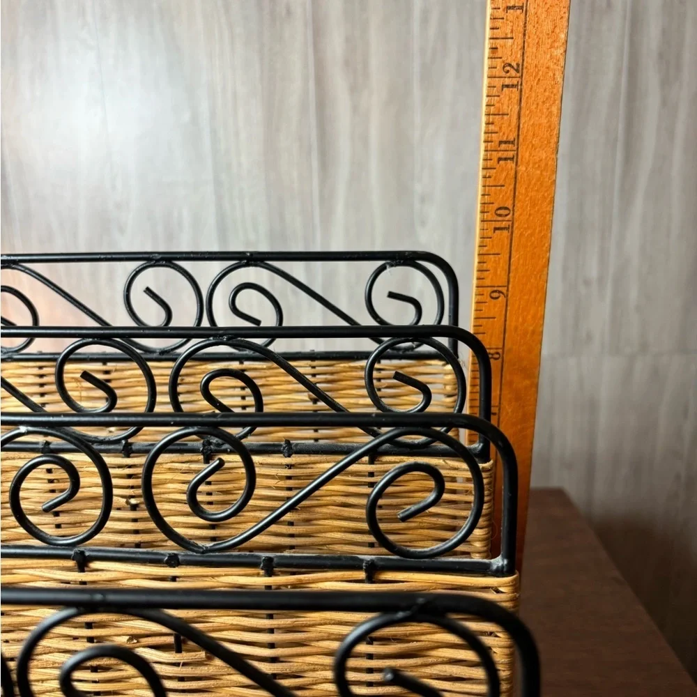 Vintage Wicker File Organizer with Black Metal Dividers - Natural Brown
